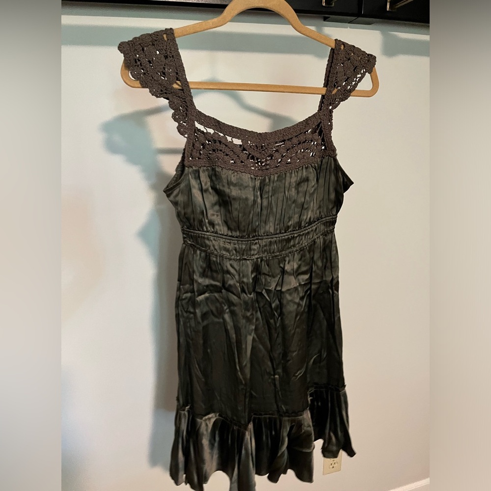 Halé Bob small brown short silk empire waist dress with crochet upper and pleats